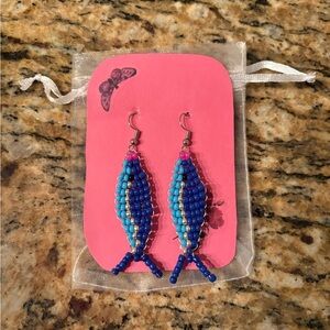 Handmade Elegant Blue Beaded Fish Earrings
